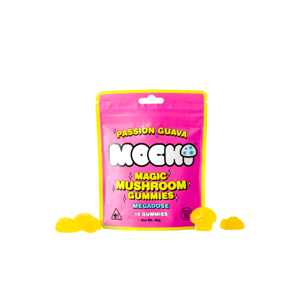 This is a Mochi's Passion Guava magic mushroom gummies image